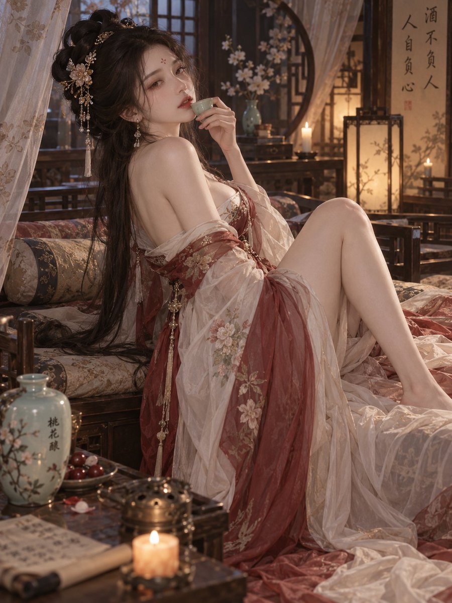 改良襦裙榻边饮酒慵懒少女