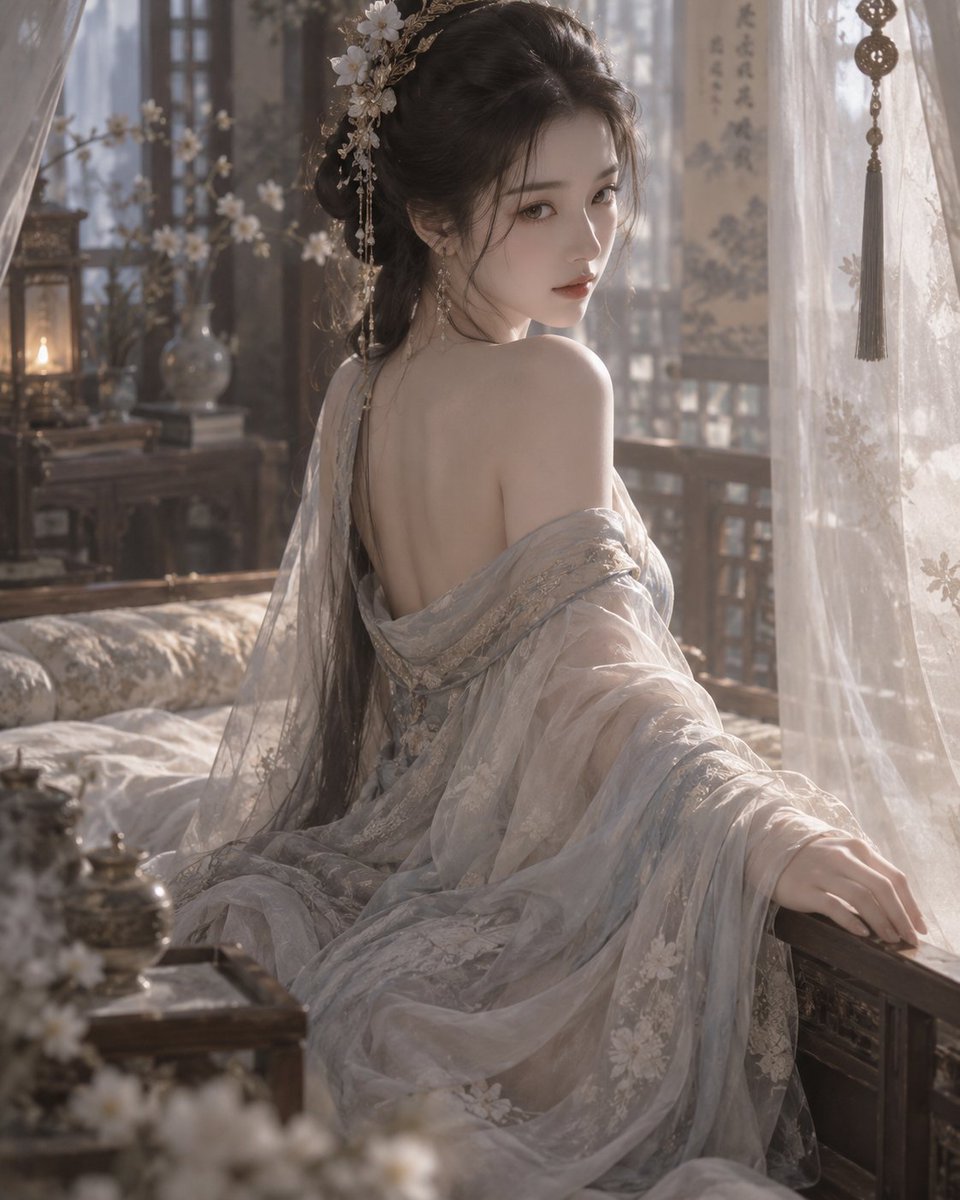 软纱长衣侧坐榻边温软神情