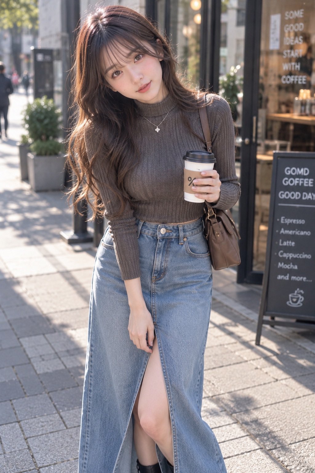 咖啡馆外的日本女性街头时尚摄影